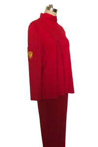 Turtle Neck Top with An Embroidered Gold Rose (Red) - Style # K1102