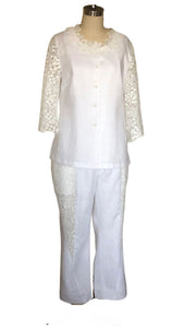 Linen Pants Set with Lace Trim (White)- Style# #102SK