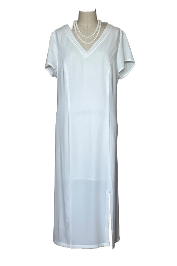 V-Neck Dress with Tucking Detail (White) Style #2442K