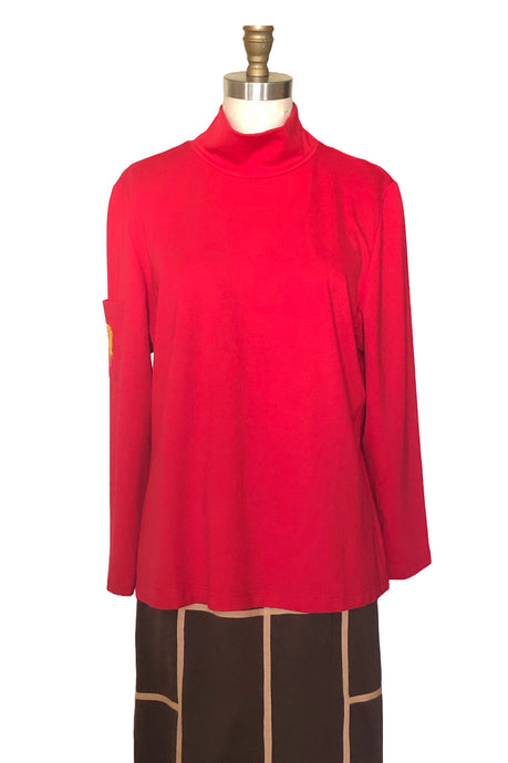 Turtle Neck Top with An Embroidered Gold Rose (Red) - Style # K1102