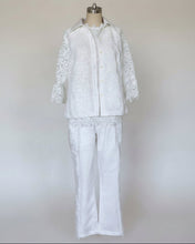 White lace outfit on a mannequin against a plain background