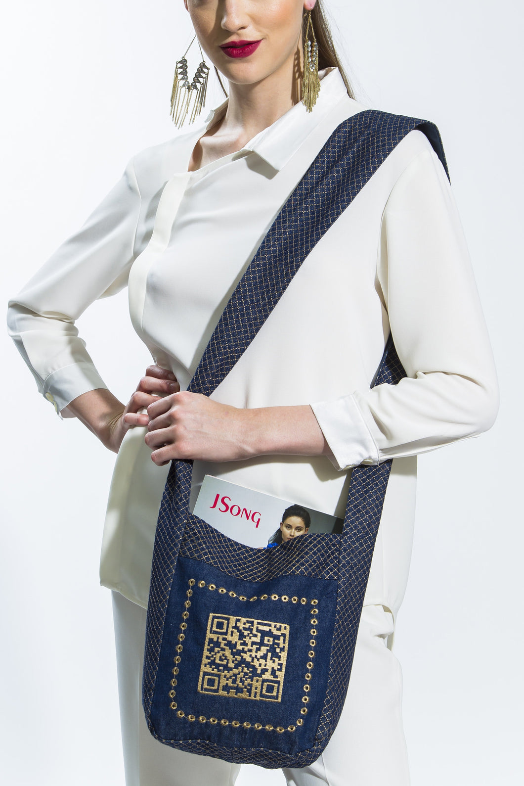 Embroidered Denim & Gold QR Cross Body Shoulder Bag Style # QR101