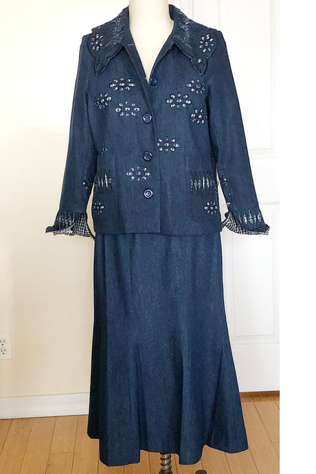 Upcycled Embroidered Denim Skirt Suit - Style #7305S