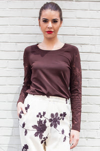 Embroidered Lotus Long Sleeve T Shirt (Brown) Style 10833