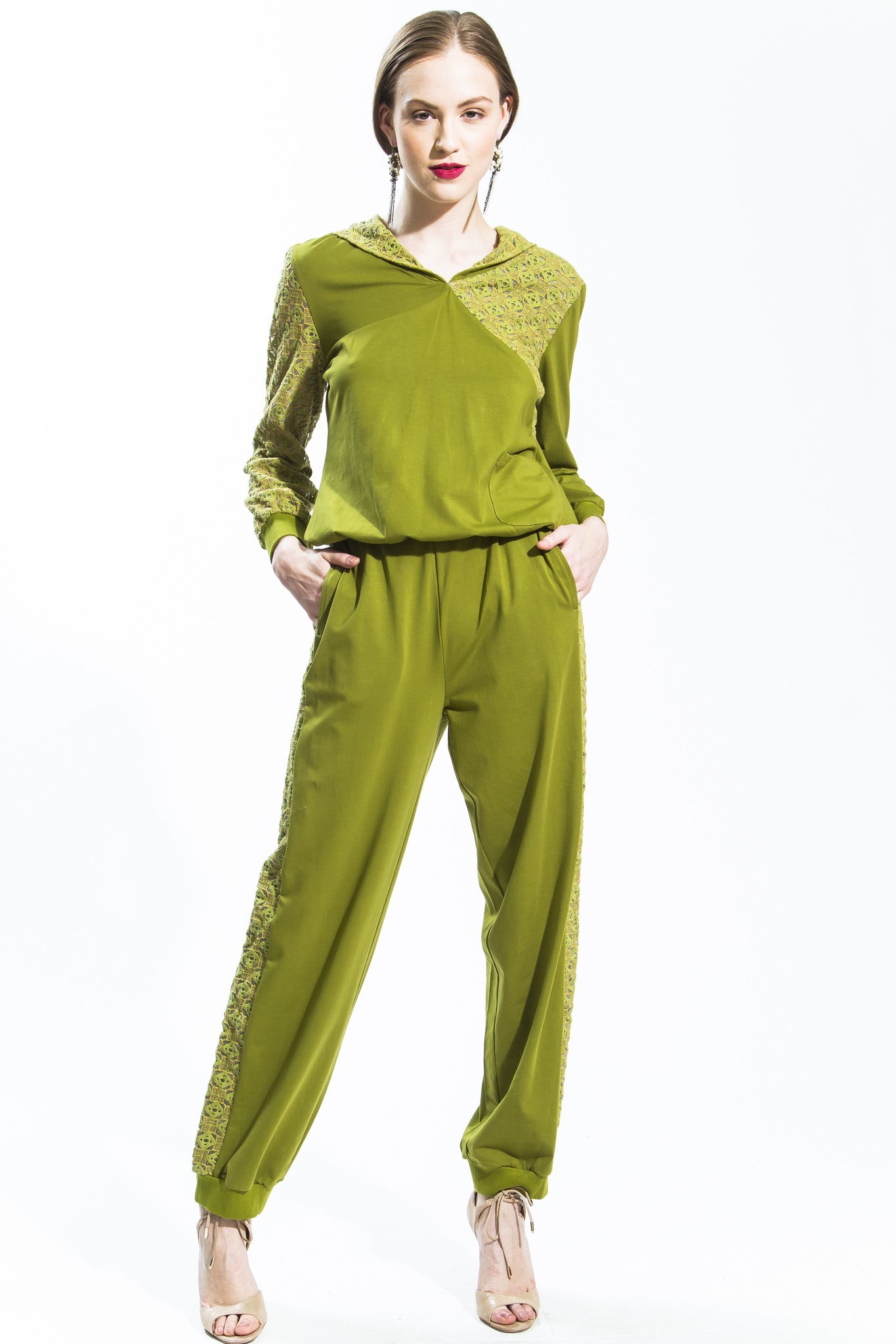 Hooded Lace Tracksuit Green Gold Style 1239P JSong Way
