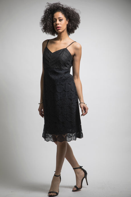 Pleated Bodice Lace Slip Dress (Black) Style# 1296
