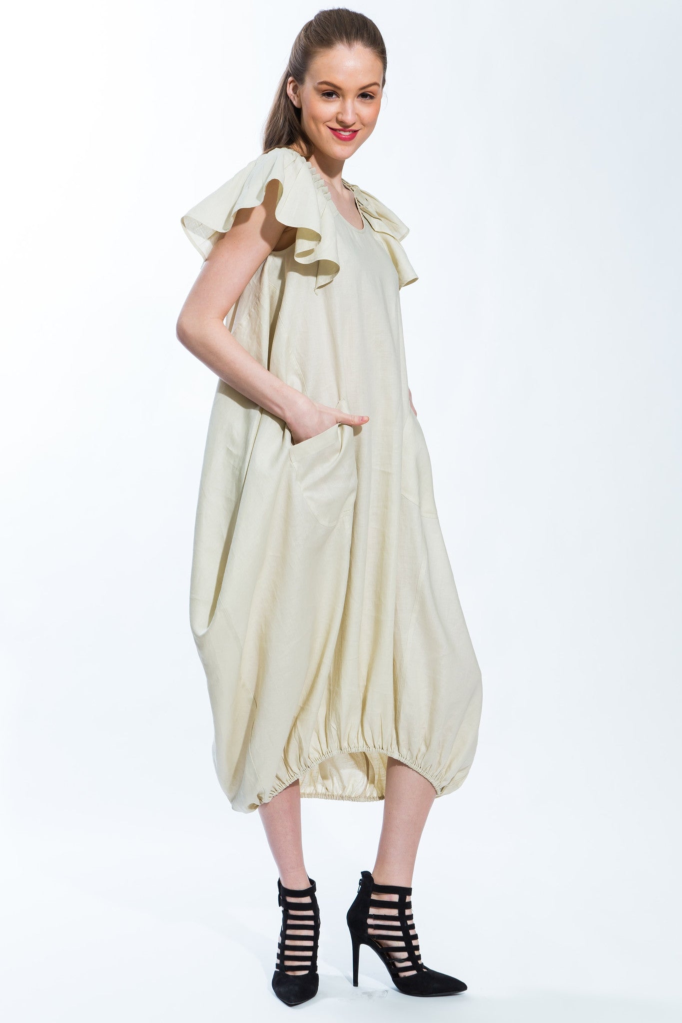 chinese dress ladies Duck Duck Goose Dress – White Check Linen – Sage Kids main image 0