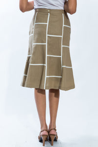 Geometric Flare Skirt 100% Linen - Style 1724  (Khaki)