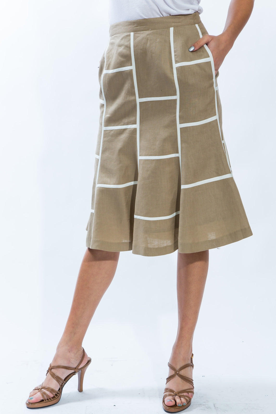 Geometric Flare Skirt 100% Linen - Style 1724  (Khaki)