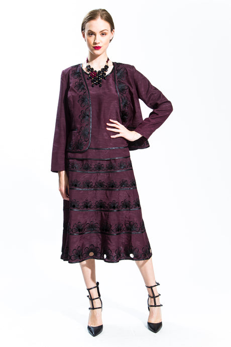 Cut-out Flora Cardigan Skirt Suit (Burgundy/Black) Style # 1805CS
