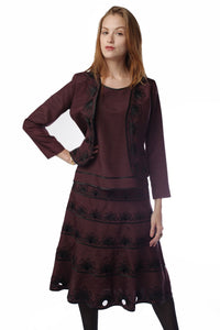 Cut-out Flora Cardigan Skirt Suit (Burgundy/Black) Style # 1805CS