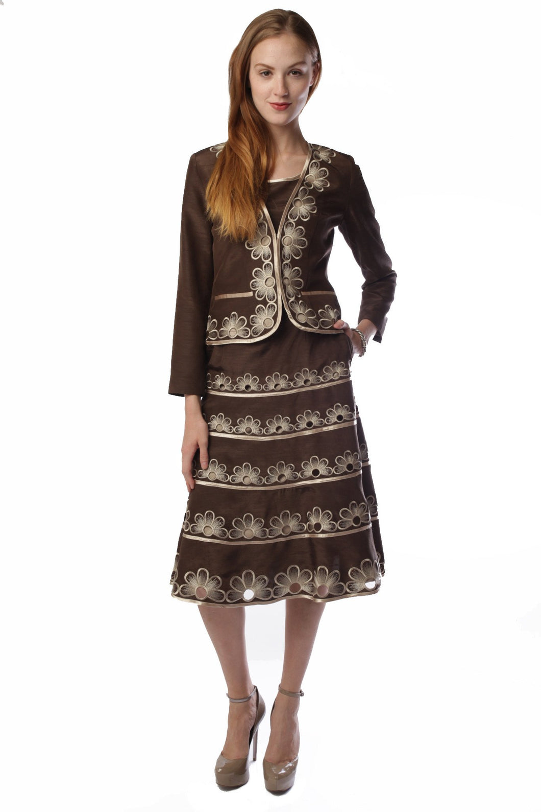 Cut-out Flora Cardigan Skirt Suit (Chocolate/Beige) Style # 1805CS