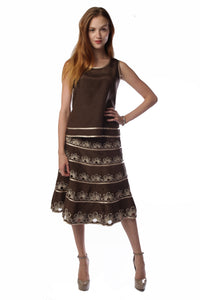 Cut-out Flora Cardigan Skirt Suit (Chocolate/Beige) Style # 1805CS