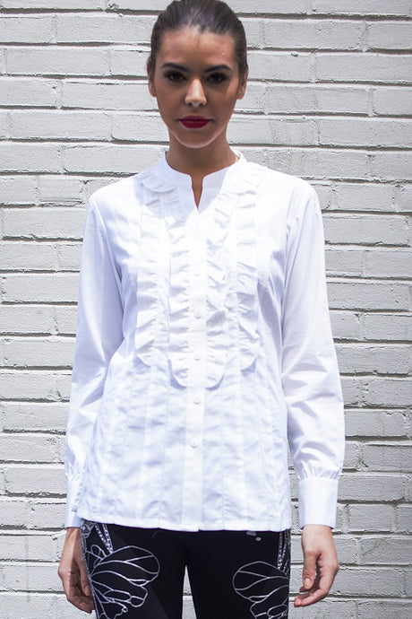 Ruffle Front Button Down Blouse Style 8143