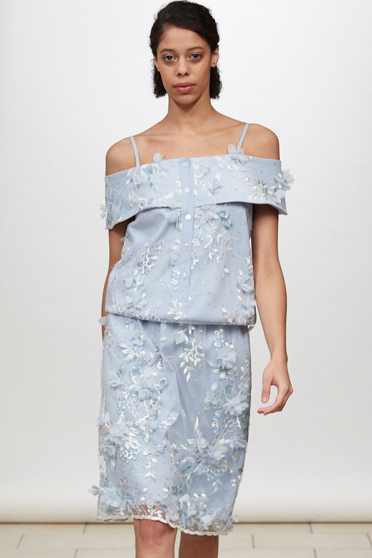 3D Floral Lace Off the Shoulder Dress (Ice Blue) Style # 176