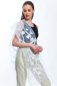 Embroidered Plum Blossom Organza Scarf - White (Style# 103)