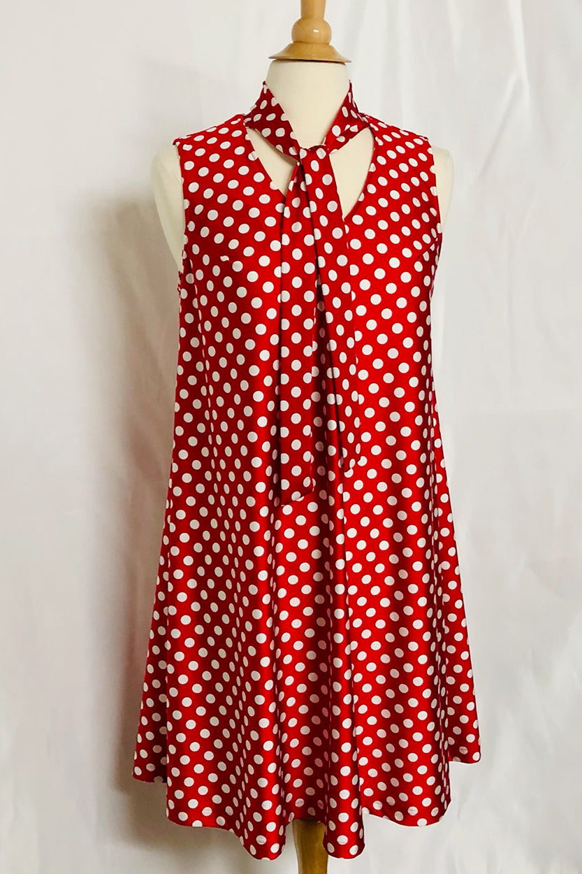 Polka Dot A-Line Dress with Neck Tie (Style# 101JK) Red/White
