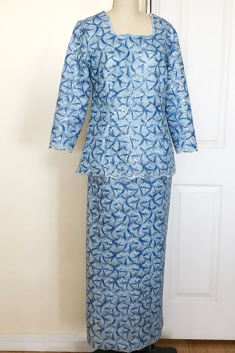 Custom-Made Sola Skort Suit in Blue Sequin Lace