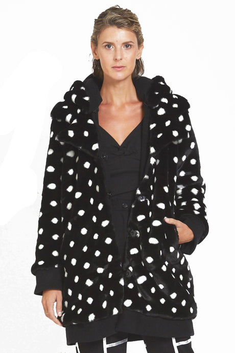 Polka Dot Faux Fur Coat with Detachable Hoody
