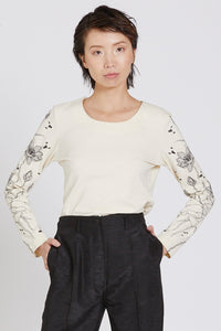 Embroidered Lotus Long Sleeved T-Shirt (Ivory) Style 10833